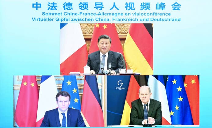 News Themen der Woche KW10 News Bilder des Tages (220308) -- BEIJING, March 8, 2022 -- Chinese President Xi Jinping attends a video summit with French President Emmanuel Macron and German Chancellor Olaf Scholz in Beijing, capital of China, March 8, 2022. ) CHINA-BEIJING-XI JINPING-FRANCE-GERMANY-VIDEO SUMMIT (CN) LixXiang 