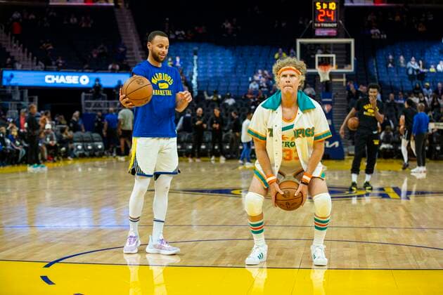 Golden State Warriors point guard Stephen Curry (30) and actor Will Ferrell warm-up practice during warm-ups before the team plays against the Los Angeles Clippers at Chase Center on March 8, 2022 in San Francisco, California. Copyright: xx