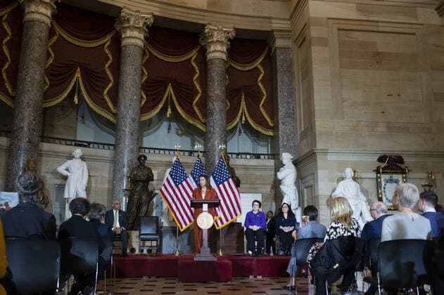 Speaker of the House Nancy Pelosi, D-CA, speaks during her Annual Women s History Month Event in celebration of the 50th Anniversary of Title IX and honoring Founder of the Women s Tennis Association and Former No.1 American Tennis Player Billie Jean King in Statuary Hall at the US Capitol in Washington, DC on Wednesday, March 9, 2022.  WAP20220309838 BONNIExCASH