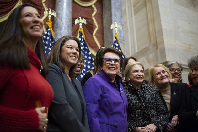 Founder of the Women s Tennis Association and Former No.1 American Tennis Player Billie Jean King smiles with representatives after speaking during an Annual Women s History Month Event in celebration of the 50th Anniversary of Title IX in Statuary Hall at the US Capitol in Washington, DC on Wednesday, March 9, 2022.  WAP20220309846 BONNIExCASH