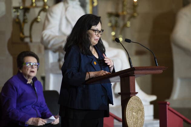 Gwendolyn Mink, daughter of the late Congresswoman Patsy Mink, who lead the movement for Title IX legislation, .speaks during an Annual Women s History Month Event in celebration of the 50th Anniversary of Title IX and honoring Founder of the Women s Tennis Association and Former No.1 American Tennis Player Billie Jean King in Statuary Hall at the US Capitol in Washington, DC on Wednesday, March 9, 2022.  WAP20220309857 BONNIExCASH