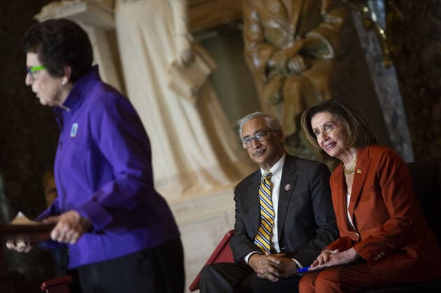 Speaker of the House Nancy Pelosi, D-CA, and Rep. Bobby Scott, D-VA, look on as Founder of the Women s Tennis Association and Former No.1 American Tennis Player Billie Jean King speaks during an Annual Women s History Month Event in celebration of the 50th Anniversary of Title IX in Statuary Hall at the US Capitol in Washington, DC on Wednesday, March 9, 2022.  WAP20220309862 BONNIExCASH