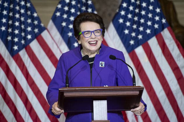 Founder of the Women s Tennis Association and Former No.1 American Tennis Player Billie Jean King laughs during an Annual Women s History Month Event in celebration of the 50th Anniversary of Title IX in Statuary Hall at the US Capitol in Washington, DC on Wednesday, March 9, 2022.  WAP20220309869 BONNIExCASH