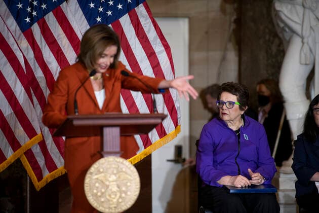 Tennis legend Billy Jean King, right, listens while Speaker of the United States House of Representatives Nancy Pelosi (Democrat of California) offers remarks during an annual Women s History Month event honoring Billie Jean King and Women Athletes in Celebration of the 50th Anniversary of Title IX, in Statuary Hall at the US Capitol in Washington, DC, Wednesday, March 9, 2022. Copyright: xRodxLamkeyx xCNPx MediaPunchx