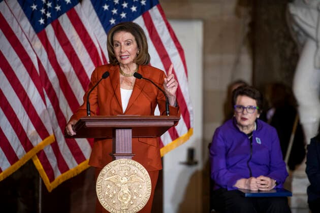 March 9, 2022, Washington, District of Columbia, USA: Tennis legend Billy Jean King, right, listens while Speaker of the United States House of Representatives Nancy Pelosi (Democrat of California) offers remarks during an annual Women s History Month event honoring Billie Jean King and Women Athletes in Celebration of the 50th Anniversary of Title IX, in Statuary Hall at the US Capitol in Washington, DC, Wednesday, March 9, 2022 Washington USA - ZUMAs152 20220309_zaa_s152_040 Copyright: xRodxLamkeyx