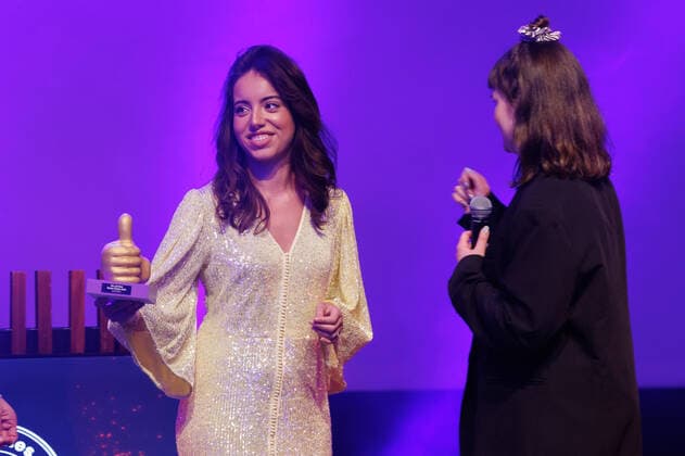actress Nora Dari, collects the award for wtFOCK, winner of the award for Best online fiction at the award ceremony for the Jamies, the Flemish online video awards, during the 14th edition of the Oostende Film Festival, in Oostende, Wednesday 09 March 2022.  KURTxDESPLENTER 19796895