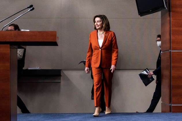 March 9, 2022, Washington, DC, United States: March 9, 2022 - Washington, DC, United States: U.S. House Speaker NANCY PELOSI (D-CA) wearing a pin with the flag of Ukraine on it as she arrives for her weekly conference. Washington United States - ZUMAb161 20220309_zap_b161_014 Copyright: xMichaelxBrochsteinx