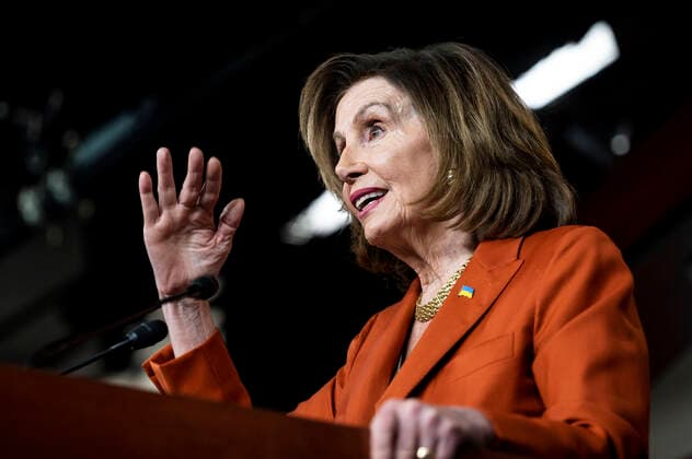 March 9, 2022, Washington, DC, United States: March 9, 2022 - Washington, DC, United States: U.S. House Speaker NANCY PELOSI (D-CA) wearing a pin with the flag of Ukraine on it as she is speaking at her weekly conference. Washington United States - ZUMAb161 20220309_zap_b161_017 Copyright: xMichaelxBrochsteinx