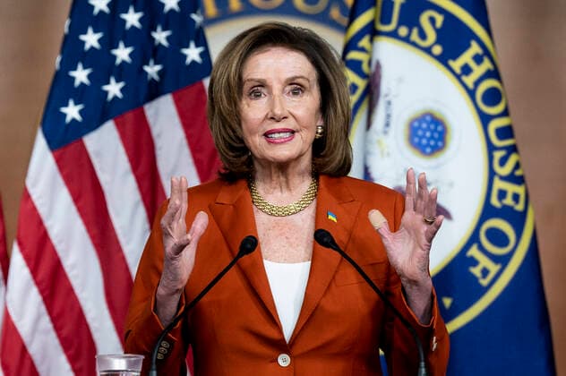 March 9, 2022, Washington, DC, United States: March 9, 2022 - Washington, DC, United States: U.S. House Speaker NANCY PELOSI (D-CA) wearing a pin with the flag of Ukraine on it as she is speaking at her weekly conference. Washington United States - ZUMAb161 20220309_zap_b161_015 Copyright: xMichaelxBrochsteinx