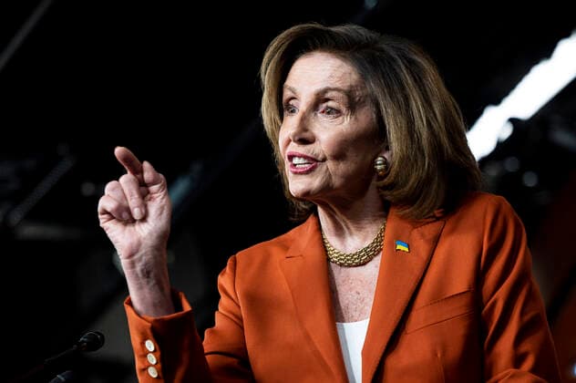 March 9, 2022, Washington, DC, United States: March 9, 2022 - Washington, DC, United States: U.S. House Speaker NANCY PELOSI (D-CA) wearing a pin with the flag of Ukraine on it as she is speaking at her weekly conference. Washington United States - ZUMAb161 20220309_zap_b161_023 Copyright: xMichaelxBrochsteinx