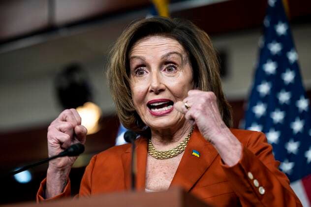 March 9, 2022, Washington, DC, United States: March 9, 2022 - Washington, DC, United States: U.S. House Speaker NANCY PELOSI (D-CA) wearing a pin with the flag of Ukraine on it as she is speaking at her weekly conference. Washington United States - ZUMAb161 20220309_zap_b161_024 Copyright: xMichaelxBrochsteinx