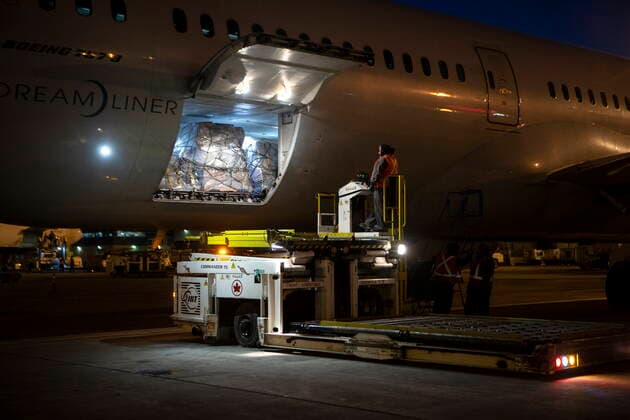 March 9, 2022, TORONTO, ON, CAN: Humanitarian aid, including medical supplies, destined for Ukraine, are loaded on a Warsaw bound plane at Toronto™s Pearson Airport on Wednesday, March 9 , 2022. The supplies from GlobalMedic include medical supplies, trauma dressings and wound care supplies destined for a hospital in Lviv, Ukraine. Also includes aid from Airlink and Project C.U.R.E. including hospital beds, vinyl mattresses and other humanitarian supplies. TORONTO CAN - ZUMAc35_ 20220309_zaf_c35_080 Copyright: xChrisxYoungx