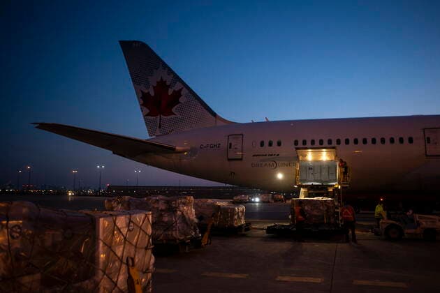 March 9, 2022, TORONTO, ON, CAN: Humanitarian aid, including medical supplies, destined for Ukraine, are loaded on a Warsaw bound plane at Toronto™s Pearson Airport on Wednesday, March 9 , 2022. The supplies from GlobalMedic include medical supplies, trauma dressings and wound care supplies destined for a hospital in Lviv, Ukraine. Also includes aid from Airlink and Project C.U.R.E. including hospital beds, vinyl mattresses and other humanitarian supplies. TORONTO CAN - ZUMAc35_ 20220309_zaf_c35_081 Copyright: xChrisxYoungx