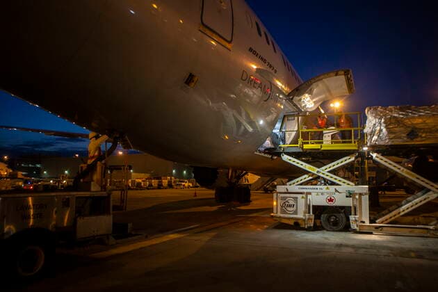 March 9, 2022, TORONTO, ON, CAN: Humanitarian aid, including medical supplies, destined for Ukraine, are loaded on a Warsaw bound plane at Toronto™s Pearson Airport on Wednesday, March 9 , 2022. The supplies from GlobalMedic include medical supplies, trauma dressings and wound care supplies destined for a hospital in Lviv, Ukraine. Also includes aid from Airlink and Project C.U.R.E. including hospital beds, vinyl mattresses and other humanitarian supplies. TORONTO CAN - ZUMAc35_ 20220309_zaf_c35_082 Copyright: xChrisxYoungx