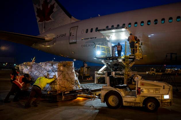 March 9, 2022, TORONTO, ON, CAN: Humanitarian aid, including medical supplies, destined for Ukraine, are loaded on a Warsaw bound plane at Toronto™s Pearson Airport on Wednesday, March 9 , 2022. The supplies from GlobalMedic include medical supplies, trauma dressings and wound care supplies destined for a hospital in Lviv, Ukraine. Also includes aid from Airlink and Project C.U.R.E. including hospital beds, vinyl mattresses and other humanitarian supplies. TORONTO CAN - ZUMAc35_ 20220309_zaf_c35_092 Copyright: xChrisxYoungx