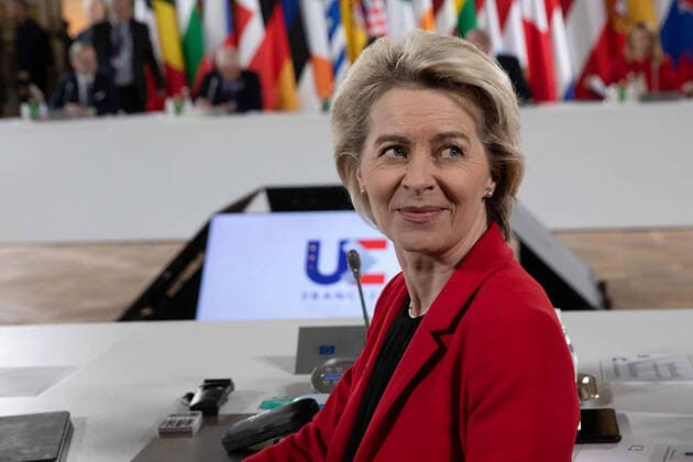 President of the European Commission Ursula von der Leyen attends an informal summit of EU leaders at the Chateau de Versailles in Versailles, near Paris, France,on Friday March 11, 2022. EU leaders are trying to find ways to address the fallout of Russia s invasion of Ukraine that has affected the bloc s economy and defense needs.  PAR2022031104 EuropeanxUnion