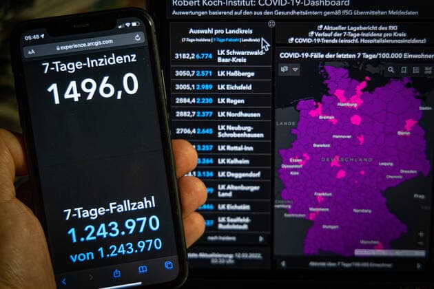 Coronavirus in Germany Covid 19 Robert Koch Institute Dashboard 12 03 2022 Robert Koch Institute 7 days incidence 1496.0 7 days number of cases 1 243 970 COVID 19 cases 16 994 744 Additions increased by 237 086 from previous day COVID 19 deaths 125 521 Additions increased by 249 from previous day