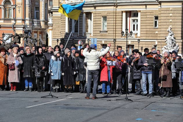 ODESA, UKRAINE - MARCH 12, 2022 - Symphony orchestra and choir of the Odesa National Academic Opera and Ballet Theater led by the conductor, Honored Artist of Ukraine Ihor Chernetskyi perform the National Anthem of Ukraine as well as several famous musical pieces within the framework of the Free Sky concert in support of the appeal of the Ukrainian people and Ukrainian President Volodymyr Zelenskyy to the European and world countries to close the sky over Ukraine and stop the war, Odesa, southern Ukraine Free Sky concert held in Odesa  Copyright: xNinaxLyashonokx