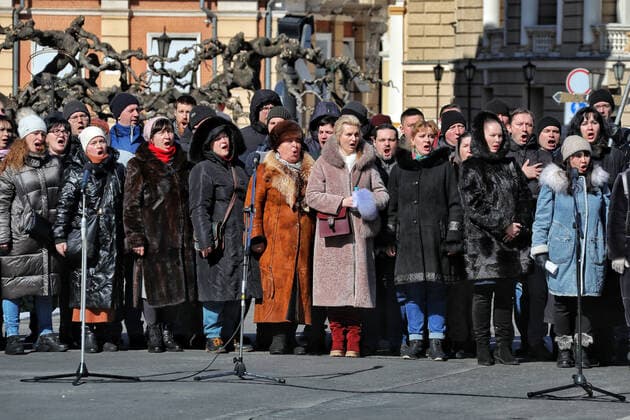 ODESA, UKRAINE - MARCH 12, 2022 - Symphony orchestra and choir of the Odesa National Academic Opera and Ballet Theater led by the conductor, Honored Artist of Ukraine Ihor Chernetskyi perform the National Anthem of Ukraine as well as several famous musical pieces within the framework of the Free Sky concert in support of the appeal of the Ukrainian people and Ukrainian President Volodymyr Zelenskyy to the European and world countries to close the sky over Ukraine and stop the war, Odesa, southern Ukraine Free Sky concert held in Odesa  Copyright: xNinaxLyashonokx
