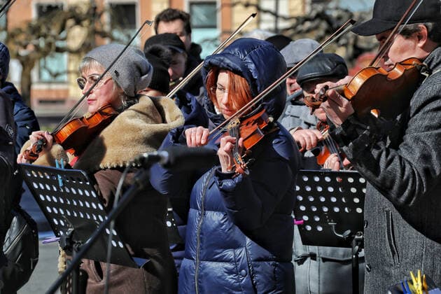 ODESA, UKRAINE - MARCH 12, 2022 - Symphony orchestra and choir of the Odesa National Academic Opera and Ballet Theater led by the conductor, Honored Artist of Ukraine Ihor Chernetskyi perform the National Anthem of Ukraine as well as several famous musical pieces within the framework of the Free Sky concert in support of the appeal of the Ukrainian people and Ukrainian President Volodymyr Zelenskyy to the European and world countries to close the sky over Ukraine and stop the war, Odesa, southern Ukraine Free Sky concert held in Odesa  Copyright: xNinaxLyashonokx
