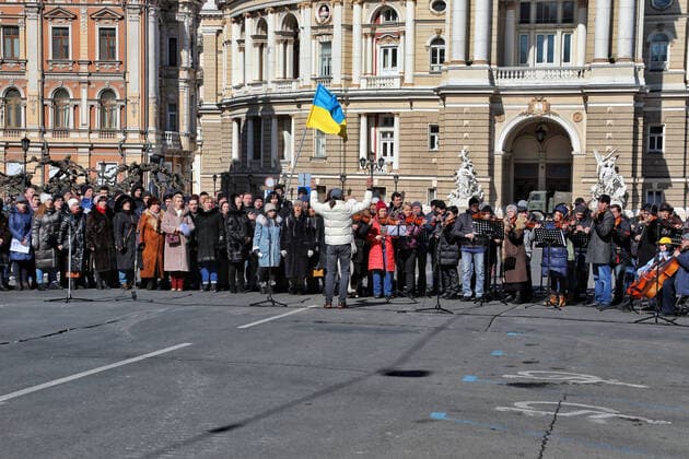 ODESA, UKRAINE - MARCH 12, 2022 - Symphony orchestra and choir of the Odesa National Academic Opera and Ballet Theater led by the conductor, Honored Artist of Ukraine Ihor Chernetskyi perform the National Anthem of Ukraine as well as several famous musical pieces within the framework of the Free Sky concert in support of the appeal of the Ukrainian people and Ukrainian President Volodymyr Zelenskyy to the European and world countries to close the sky over Ukraine and stop the war, Odesa, southern Ukraine Free Sky concert held in Odesa  Copyright: xNinaxLyashonokx