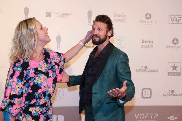 Actress Tine Embrechts and actor Guga Baul pictured during the award ceremony of the Ensors Flemish film prizes at the 14th Film Festival Oostende , Saturday 12 March 2022, in Oostende.  NICOLASxMAETERLINCK 21205635