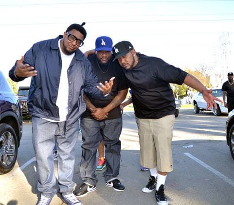 LOS ANGELES, CA - MARCH 13: Glasses Malone, Joey Westside, Deuce Mac on location at Glasses Malone and LA Giantz music video Menaces II Society shoot at Hollydale Regional Park on March 13, 2022 in South Gate, California. Copyright: xKoixSojer Snap NxUxPhotos MediaPunchx