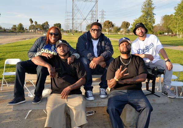 LOS ANGELES, CA - MARCH 13: Deuce Mac, Joey Westside, Koi Sojer, Glasses Malone, Ahzel on location at Glasses Malone and LA Giantz music video Menaces II Society shoot at Hollydale Regional Park on March 13, 2022 in South Gate, California. Copyright: xKoixSojer Snap NxUxPhotos MediaPunchx