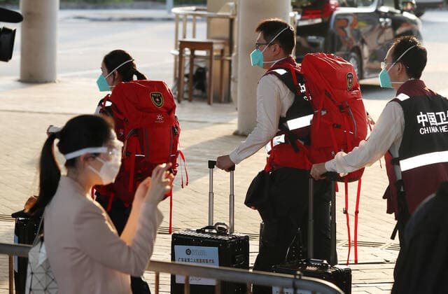(220314) -- HONG KONG, March 14, 2022 -- The latest batch of the Chinese mainland medical staff arrive in Hong Kong, south China, March 14, 2022, to support the local fight against the COVID-19 epidemic. The team includes 36 doctors and 39 nurses from 14 public hospitals in the neighboring Guangdong Province. ) CHINA-HONG KONG-MAINLAND-MEDICAL TEAM-ARRIVAL (CN) LixGang 