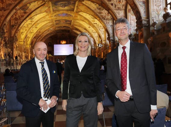 Award of the Bavarian Order of Merit by the Bavarian Prime Minister Dr Markus Söder from left Christian Neureuther, Maria Höfl Riesch and Prof Dr Michael Piazolo, Munich Bavaria Germany Antiquarium of the Residence