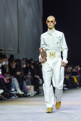15 03 2022 xlakx,Entertainment Berlin Fashion Week 2022, Show Kilian Kerner emspor v l In Kraftwerk Berlin a model presents a creation of the German fashion designer Kilian Kerner to the Berlin fashion week Berlin