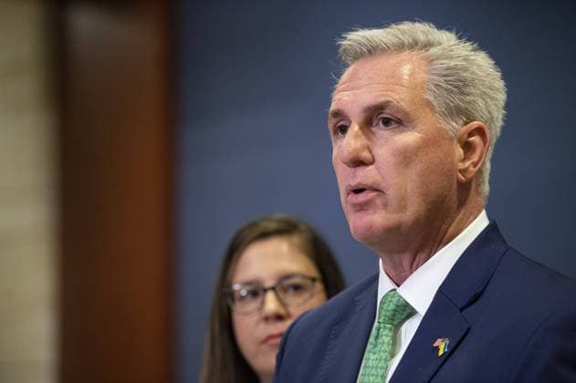 House Minority Leader Kevin McCarthy, R-CA, speaks to the press after Ukrainian President Volodymyr Zelensky spoke virtually to members of congress at the U.S. Capitol in Washington, DC on Wednesday, March 16, 2022. Zelensky called for a humanitarian no-fly zone over the Ukraine.  WAP2022031613 BONNIExCASH