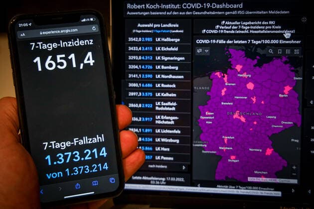 Coronavirus in Germany Covid 19 Robert Koch Institute dashboard 17 03 2022 Robert Koch Institute 7 days incidence 1651.4 7 days number of cases 1 373 214 COVID 19 cases 17 990 141 addition by 294 931 compared to previous day COVID 19 deaths 126 420 addition by 278 compared to previous day
