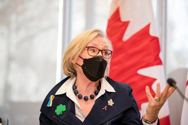 March 17, 2022, Toronto, ON, Canada: Minister of Mental Health and Addictions and Associate Minister of Health Carolyn Bennett gives remarks after a visit to a supervised consumption site along with Prime Minister Justin Trudeau and MP Arif Virani, where they met with workers and volunteers, in Toronto on Thursday, March 17, 2022. Toronto Canada  - ZUMAc35_ 20220317_zaf_c35_043 Copyright: xChristopherxKatsarovx