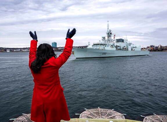 March 19, 2022, Halifax, NS, Canada: Defence Minister Anita Anand waves as HMCS Halifax departs Halifax in support of NATO™s deterrence measures in eastern Europe on Saturday, March 19, 2022. Halifax Canada  - ZUMAc35_ 20220319_zaf_c35_007 Copyright: xAndrewxVaughanx