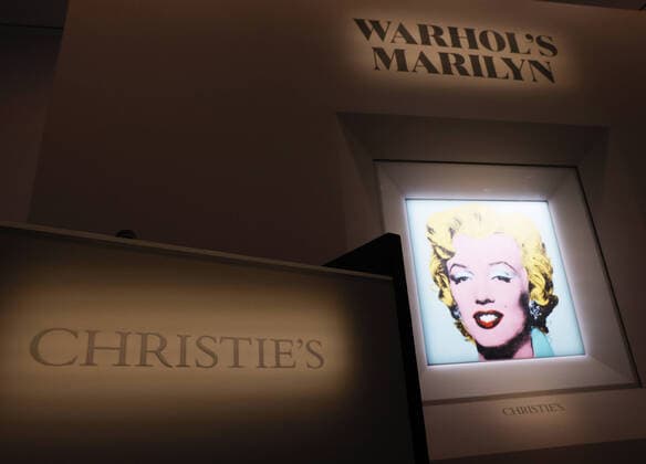 Shot Sage Blue Marilyn by Andy Warhol is on display after an announcement that it will go up for Auction at Christie s on Monday, March 21, 2022 in New York City. The iconic Andy Warhol silk-screen portrait of Hollywood starlet Marilyn Monroe is on the block for $200 million, a record asking price for any 20th Century painting.  NYP20220321103 JohnxAngelillo