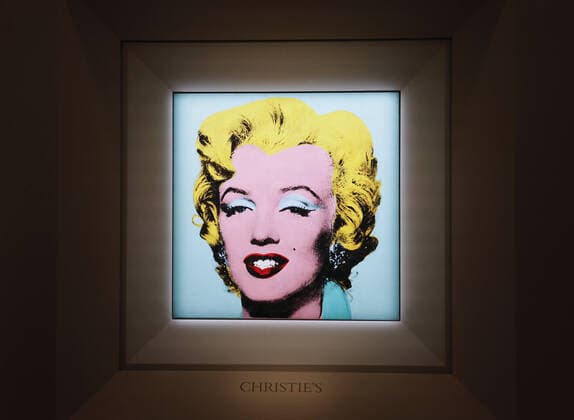 Shot Sage Blue Marilyn by Andy Warhol is on display after an announcement that it will go up for Auction at Christie s on Monday, March 21, 2022 in New York City. The iconic Andy Warhol silk-screen portrait of Hollywood starlet Marilyn Monroe is on the block for $200 million, a record asking price for any 20th Century painting.  NYP20220321108 JohnxAngelillo