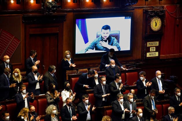 Bilder des Jahres 2022, News 03 März News Themen der Woche KW12 News Bilder des Tages The President of the Republic of Ukraine Volodymyr Zelensky in video, during his speech at the Italian Parliament. Rome (Italy), March 22nd 2022 Photo Samantha Zucchi Insidefoto SamanthaxZucchi