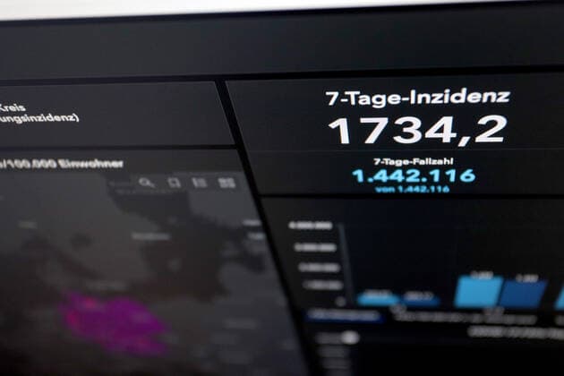 RKI dashboard, 7 day incidence is now 1734.2 7 day incidence, RKI dashboard on a monitor on 23 03 2022 in Siegen Germany.