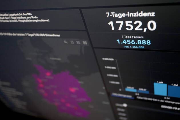 RKI dashboard, 7 day incidence is now 1752.0 7 day incidence, RKI dashboard on a monitor on 24 03 2022 in Siegen Germany.