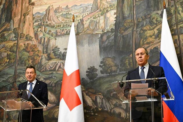 News Themen der Woche KW12 News Bilder des Tages MOSCOW, RUSSIA - MARCH 24, 2022: Russia s Foreign Minister Sergei Lavrov (R) and Peter Maurer, president of the International Committee of the Red Cross (ICRC), give a joint press conference following their meeting at the Russian Foreign Ministry s Reception House. Ramil Sitdikov POOL TASS  TS1292A3