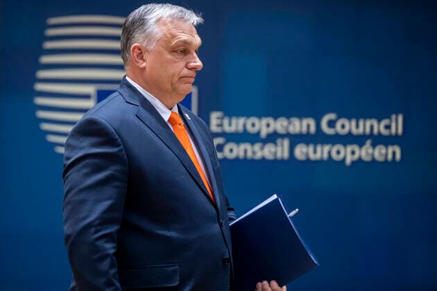 Prime Minister of Hungary Viktor Orban pictured at the round table at the start of a meeting of European council, in Brussels, Thursday 24 March 2022, at the European Union headquarters in Brussels. The European Council will discuss the Russian military aggression against Ukraine, security and defence, energy, economic issues, COVID-19 and external relations. POOL  NICOLASxMAETERLINCK 25846350