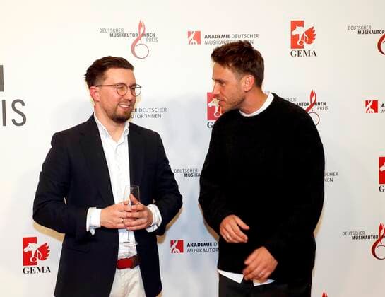 Friedrich Kautz stage name prince Pi , Thomas Huebner stage name CLUESO with award German music author inside price 2022 in the hotel RITZ CARLTON Berlin editors Laurent, Berlin 24 03 22