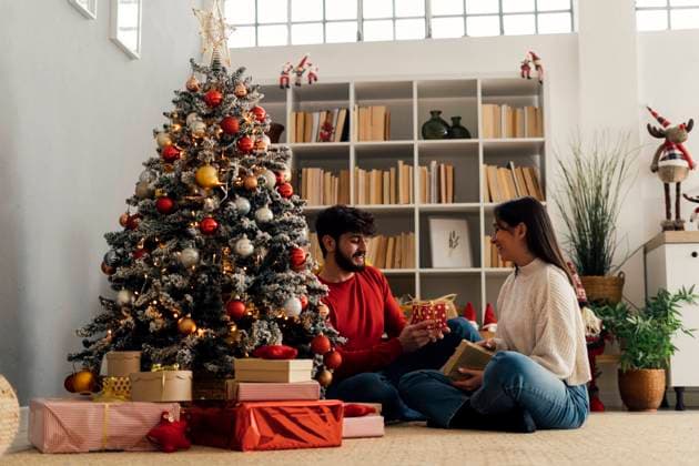 Happy couple holding gift box sitting by Christmas tree at home model released property released, GIOF14907