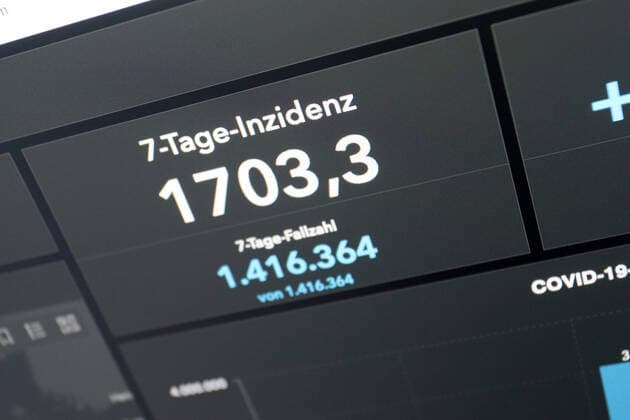 RKI dashboard, 7 day incidence is now 1703.3 7 day incidence, RKI dashboard on a monitor on 29 03 2022 in Siegen Germany.