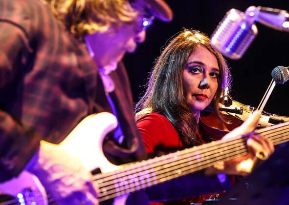 Concert by hackedepicciotto, Festival opening SONIC MORGUE, Silent Green Berlin hackedepicciotto, Danielle de Picciotto with EinstuÌˆrzende Neubauten bassist Alexander Hacke