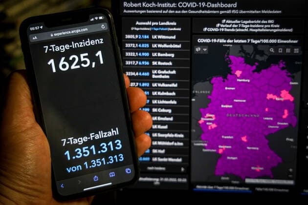 Coronavirus in Germany Covid 19 Dashboard of the Robert Koch Institute 31 03 2022 Robert Koch Institute 7 days Incidence 1625.1 7 days Number of cases 1 351 313 COVID 19 Cases 21 104 509 Addition by 274 901 compared to previous day COVID 19 Deaths 129 391 Addition by 279 compared to previous day