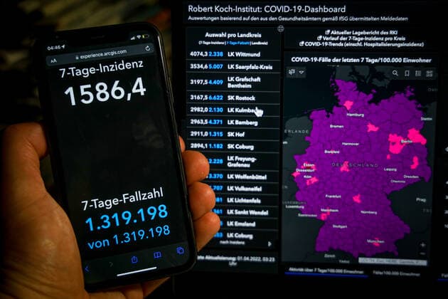 Coronavirus in Germany Covid 19 Dashboard of the Robert Koch Institute 01 04 2022 Robert Koch Institute 7 days Incidence 1586.4 7 days Number of cases 1 319 198 COVID 19 Cases 21 357 039 Addition of 252 430 compared to previous day COVID 19 Deaths 129 695 Addition of 304 compared to previous day