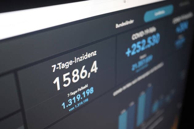 RKI dashboard, 7 day incidence is now 1586.4 7 day incidence, RKI dashboard on a monitor on 01 04 2022 in Siegen Germany.