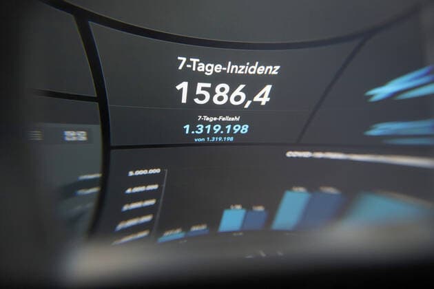 RKI dashboard, 7 day incidence is now 1586.4 7 day incidence, RKI dashboard on a monitor on 01 04 2022 in Siegen Germany.